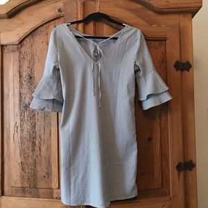 Grey and white striped flutter sleeve dress